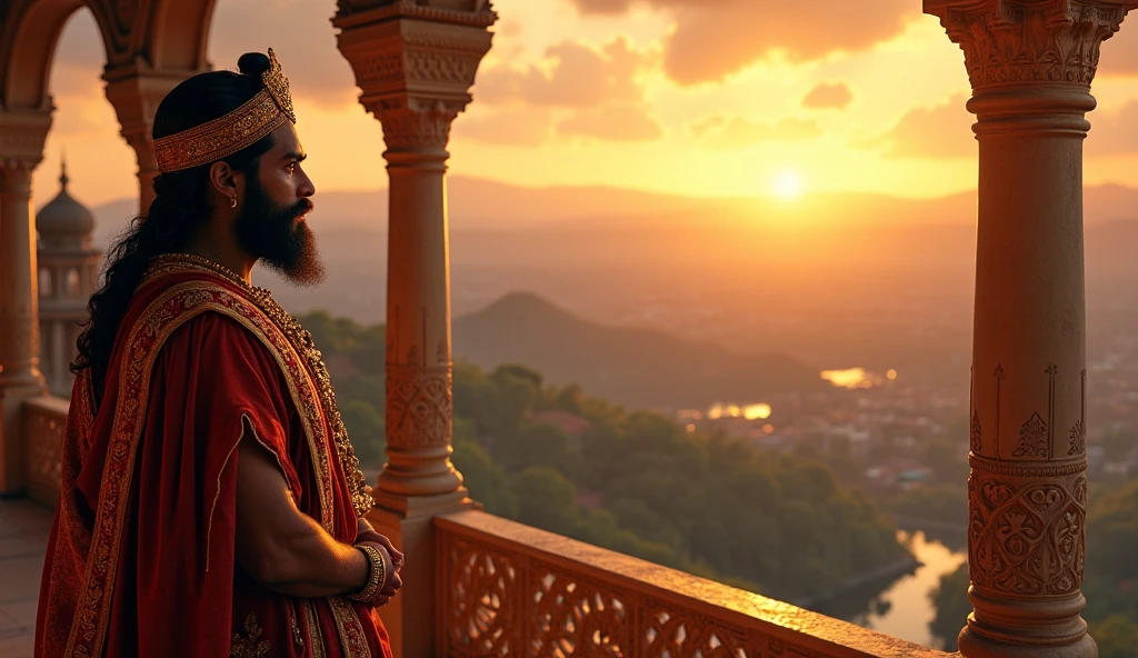 A final scene of king Samudragupta looking out over his empire from a high balcony, with the sun setting behind him."