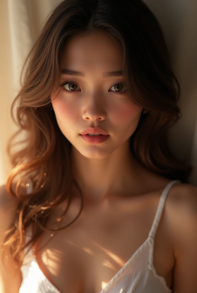 (High resolution、uhd、realism、Super complex detailed photorealistic photos)、extremely absurd ultra-high-quality details、((((Full Body Shot:1.45))、(((Completely detailed real eyes、skin、hair)))、1girl、beautiful detailed facial features、Beautiful detailed eyes、Beautiful detailed lips、Highly detailed face、Long eyelashes、White underwear、Elegant pose、Dramatic lighting、Vibrant color palette、Movie atmosphere、Age 25、Smile