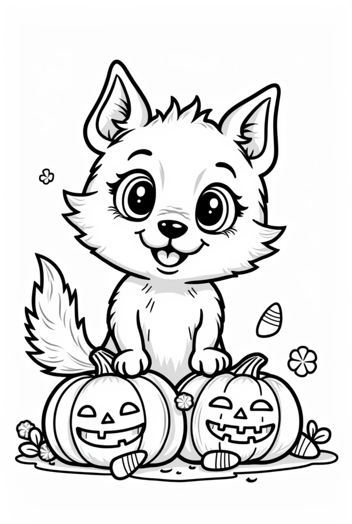 Cute and kawaii halloween friendly werewolf coloring Page, simple for toddlers, bold and easy, black bold lines White background, for a coloring book black and white, líne art, only outlines, but the design is simple and bold, no greyscale