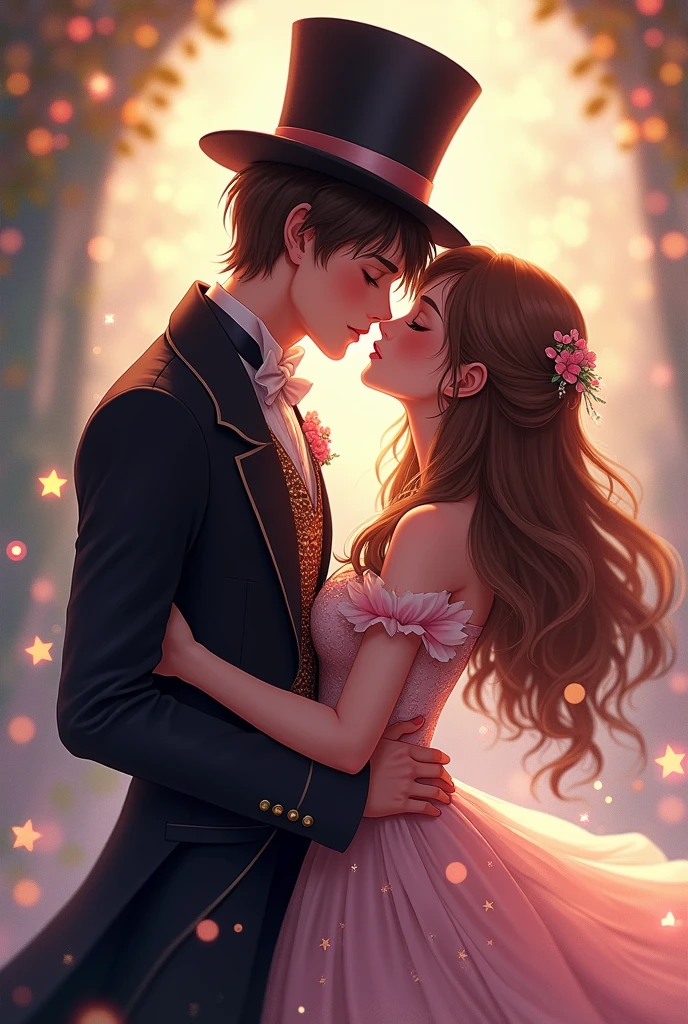 Tall boy, handsome, dressed like a magician, Girl, low, long brown hair, A boy and girl kissing is a magician, Romance Club game style