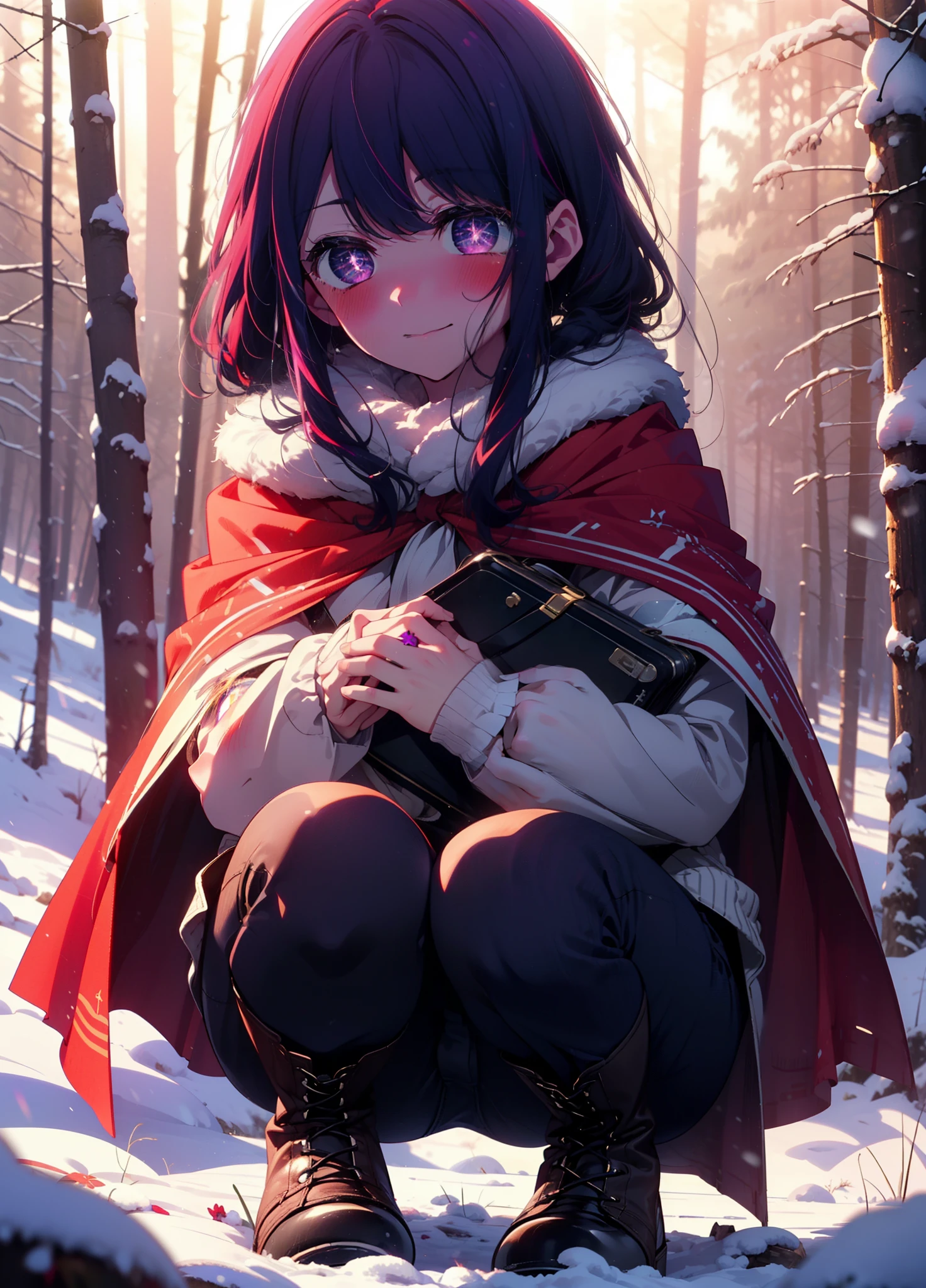 aihoshino, Ai Hoshino, Long Hair, bangs, (Purple eyes:1.1), Purple Hair, (Symbol-shaped pupil:1.5), smile,,smile,blush,white breath,
Open your mouth,snow,Ground bonfire, Outdoor, boots, snowing, From the side, wood, suitcase, Cape, Blurred, , forest, White handbag, nature, Squat, Mouth closed, Cape, winter, Written boundary depth, Black shoes, red Cape break looking at viewer, Upper Body, whole body, break Outdoor, forest, nature, break (masterpiece:1.2), Highest quality, High resolution, unity 8k wallpaper, (shape:0.8), (Beautiful and beautiful eyes:1.6), Highly detailed face, Perfect lighting, Extremely detailed CG, (Perfect hands, Perfect Anatomy),