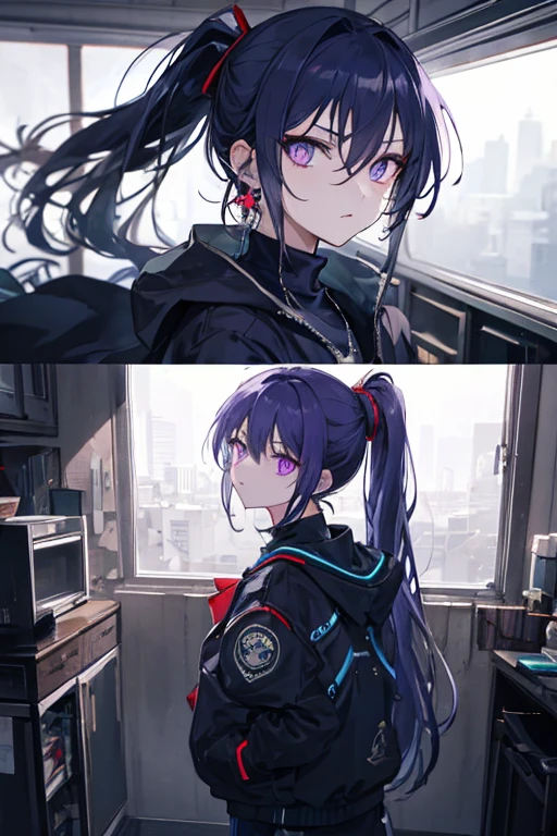 High neck shirt, loose full sleeves jacket, amethyst crystal locket, long pants,long boots, dark blue hair, bangs, crossed bangs, hair between eyes, long hair, ponytail, very long hair, wavy hair, high ponytail, star-shaped pupils, eye reflection, glowing eyes, sparkling eyes, glaring, purple eyes, longeyelashes, earrings, serious, from side, from outside, atmospheric perspective, first-person view, pov, anime, anime, high detail, high detail, first-person view, pov, multiple views, cowboy shot, fisheye, from side, atmospheric perspective, sparkle, glowing light, reflection light, cinematic lighting, bloom, cinematic lighting, masterpiece, accurate, anatomically correct, super detail, high quality, award winning, best quality