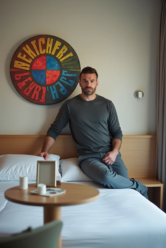 Homme caucasien grand de taille, charmant, un peu costaud, habillé en pantalon et tee-shirt manche longue, assis ou adossé sur une table dans une grande chambre d'hôtel, sur la table qu'il y ait également un papier mouchoir déjà utilisé sur la table et sur le lit de l'hôtel qu'il soit déposer un cadre photo grand ou moyen qu'il est possible de faire arrêter sur le lit et faire face à la caméra et sur le mur du chevet du lit un tableau sur lequel il est écrit en français : Melbourne AUSTRALIE et autour de la phrase qu'il y ait les emblèmes du CANADA QUÉBEC ou le drapeau du CANADA QUÉBEC