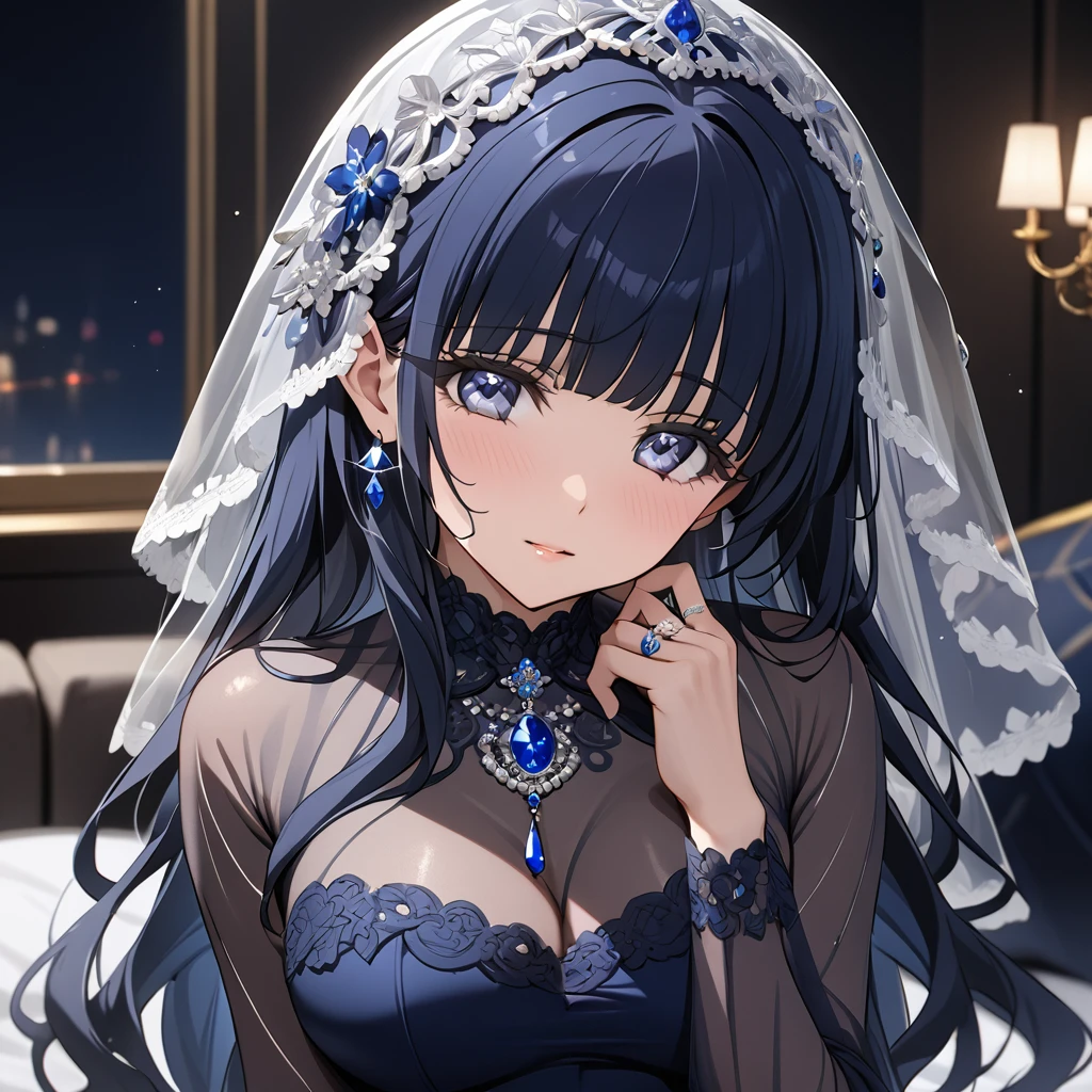 ((Highest quality)), ((masterpiece)), (detailed), (Perfect Face)、The woman is Aoki Reika, with midnight blue semi-long hair, wearing a sheer, see-through outfit that reveals her skin, along with a veil and adorned with luxurious accessories. She is also wearing an engagement ring.