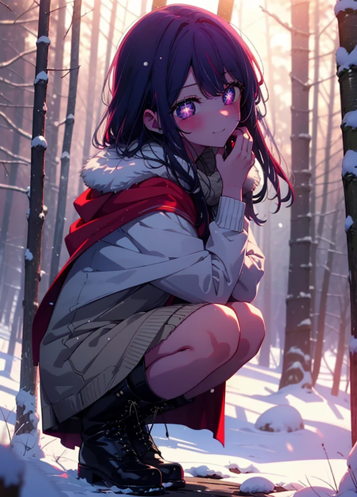 aihoshino, Ai Hoshino, Long Hair, bangs, (Purple eyes:1.1), Purple Hair, (Symbol-shaped pupil:1.5), smile,,smile,blush,white breath,
Open your mouth,snow,Ground bonfire, Outdoor, boots, snowing, From the side, wood, suitcase, Cape, Blurred, , forest, White handbag, nature,  Squat, Mouth closed, Cape, winter, Written boundary depth, Black shoes, red Cape break looking at viewer, Upper Body, whole body, break Outdoor, forest, nature, break (masterpiece:1.2), Highest quality, High resolution, unity 8k wallpaper, (shape:0.8), (Beautiful and beautiful eyes:1.6), Highly detailed face, Perfect lighting, Extremely detailed CG, (Perfect hands, Perfect Anatomy),