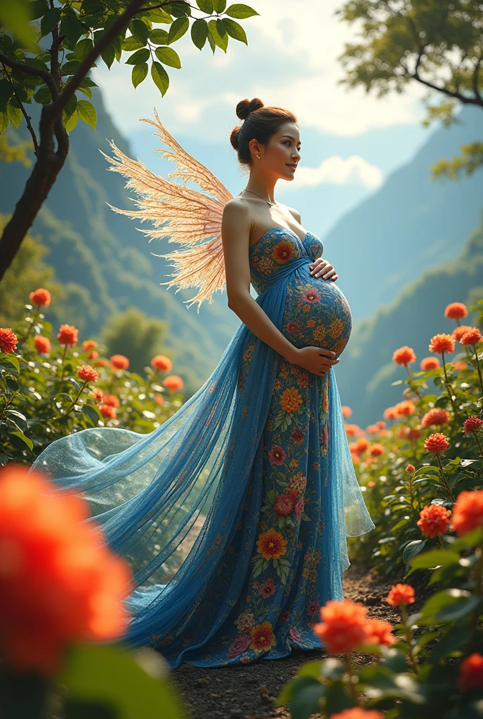 A Vietnamese pregnant woman with big breasts, wearing a dress made of flowers, under her feet and behind her is a forest of blooming flowers, with all kinds of flowers in many colors, each flower is blue, red, yellow, green, purple, with sunlight shining through the leaves, on the mountains in the distance are mountains with white clouds swirling around, wearing a gorgeous outfit, gorgeous dress, intricate dress, elegant fire dress, gorgeous and elegant, lavish dress, inspired by Hedi Xandt, gorgeous dress, intricate dress, gorgeous royal dress, gorgeous clothes, gorgeous dress, intricate and elegant, dress with intricate details, gorgeous, high heels, royal dress, detailed hands, Fire in the body, water on the dress, lightning element, fire element, lightning wings, full water, Transparent clothes, masterpiece, best quality: 1.2),, (8k, high resolution, RAW images, realistic, photorealistic: 1.3), (detailed skin texture, detailed cloth texture, detailed water, detailed trees, detailed textured flowers, detailed leaves, detailed colors, beautifully detailed faces: 1.25), professional lighting, photon mapping, beautiful soft lighting, brightness, physically based rendering, ray tracing, model shooting style, model shooting style, (Unity's super detailed 8k CG backgrounds), the world's most beautiful full body artwork, similar face file:///D:/C/Desktop/e%20duong/z5728321478468_c48a1434d8a229637008870c5a1275.jpg