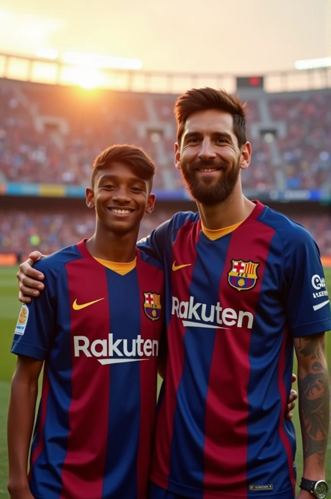 A photo of Lamine Yamal next to Messi at the Barça stadium
