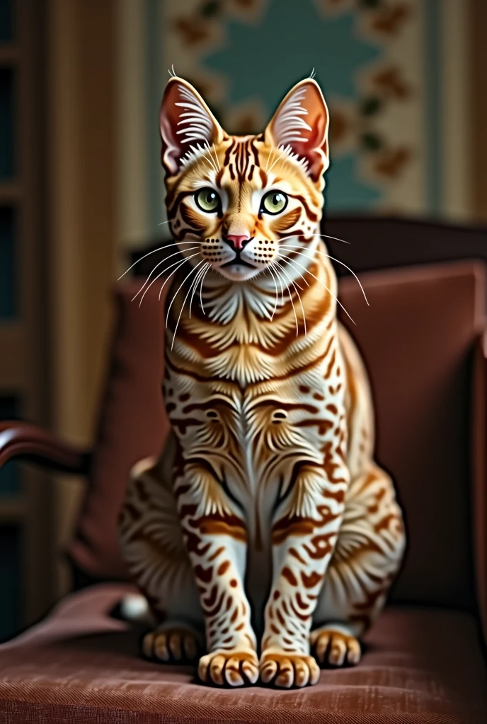 Image of red spotted delmon cat, muscular, 1920s, handsome, detailed face, looking at camera, realistic, 8K Ultra HD, high quality, full body