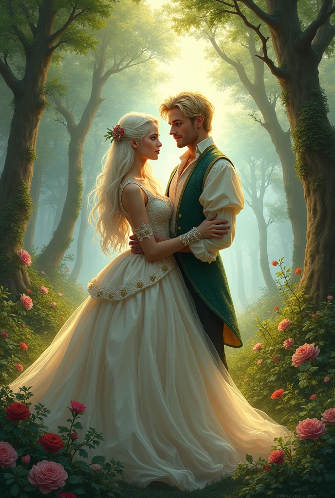 (Masterpiece, Top quality, Best Art, officially, beautiful and beautiful:1.2), (1 girl), Very descriptive,( fantasy art:1.3), colorful, The highest profile of a white-haired, yellow-eyed woman paired with a blond-haired, green-eyed man, a lady and the heir of a duke.