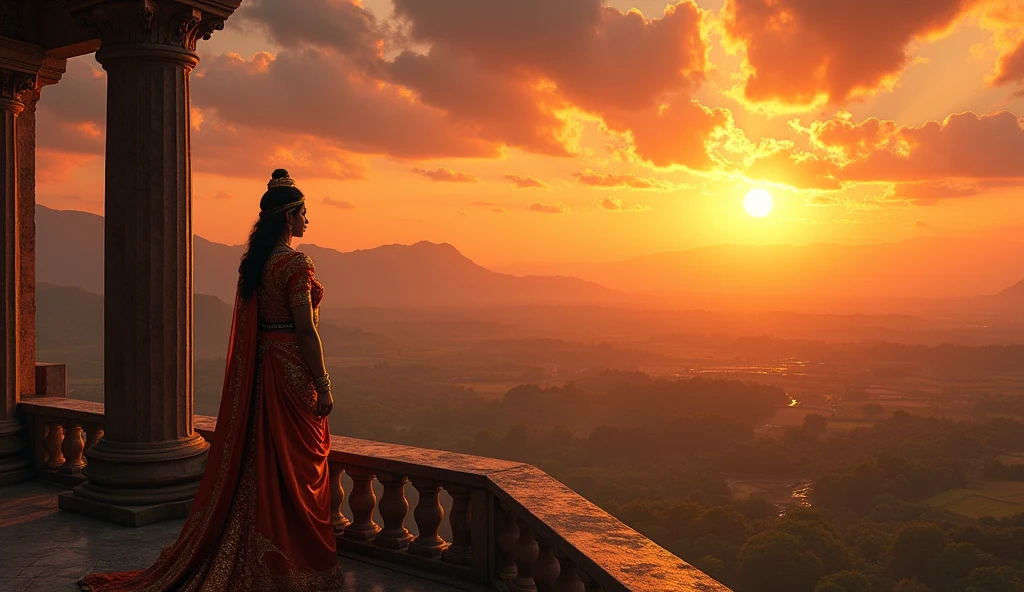A final scene of king Samudragupta looking out over his empire from a high balcony, with the sun setting behind him."