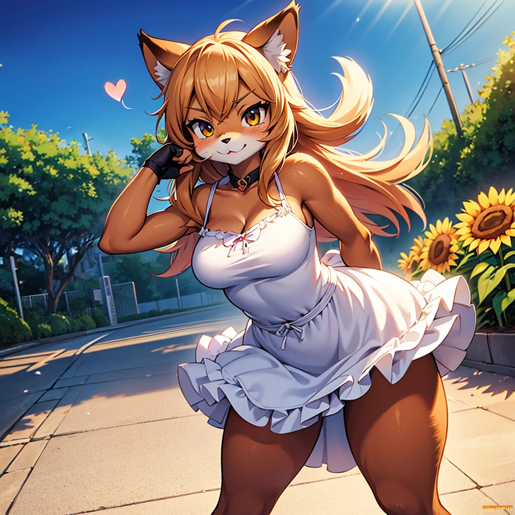 Kōsuke Fujishima style , Anime magazine pinup , clothed erotica , furry cat woman , wide hip , thin body , round face , light summer dress , Sunflowers are blooming , heart is beating fast with anticipation , bend over