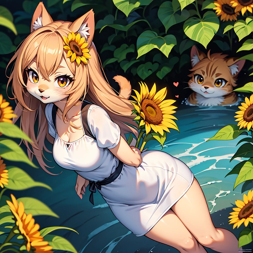 Kōsuke Fujishima style , Anime magazine pinup , clothed erotica , furry cat woman , wide hip , thin body , round face , light summer dress , Sunflowers are blooming , heart is beating fast with anticipation , bend over