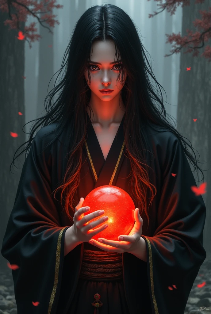 masterpiece, best quality, 4k, UHD, bishoujo, painting, striking gaze and intricately detailed face, illustration, stunningly detailed, high resolution illustration, single radiant red energy ball, 1 grown man with an immortal-like appearance, long flowing black hair, styled in a anime protagonist fashion, luminous dark eyes that seem to hold ancient wisdom, traditional black kimono with golden stripes, expressionless yet commanding, ethereal aura surrounding him, dark, atmospheric background reminiscent of Dark Souls, shadowy landscapes with creeping mist, softly glowing red energy ball cradled in one hand, poised with an air of timeless confidence, mystical energy, (Impressionism:1.4)