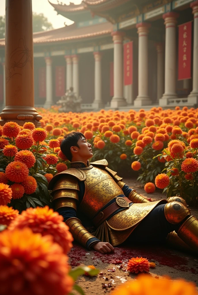 Movie-quality images,8K ultra-clear photo,Chrysanthemums are planted throughout the imperial palace,A general clad in golden armor lies amidst the flowers,There is blood nearby