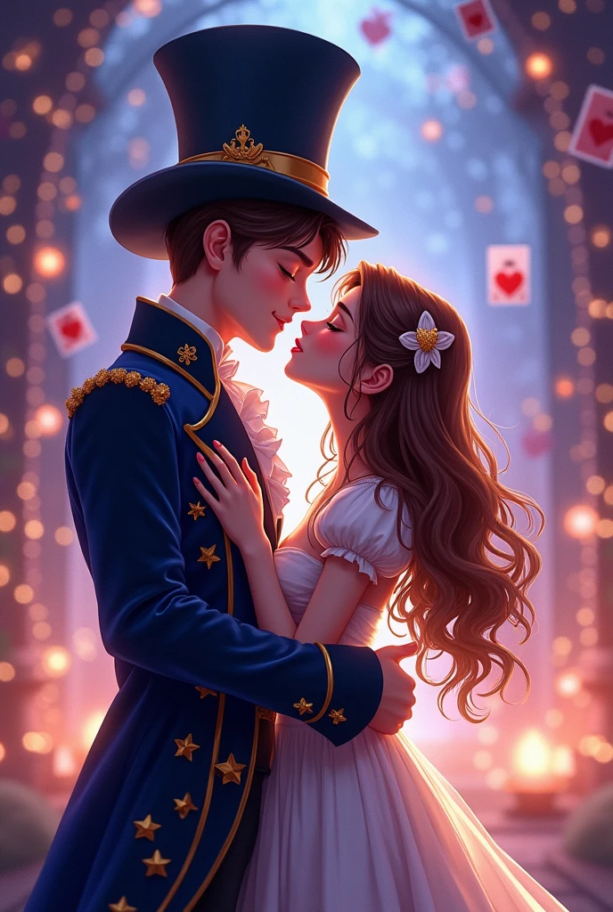 Tall boy, handsome, dressed like a magician, Girl, low, long brown hair, A boy and girl kissing is a magician, Romance Club game style 
