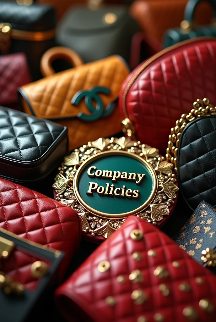 Create a realistic image  full of luxury bags and weite "Company Policies"  in the centre of image in a circle