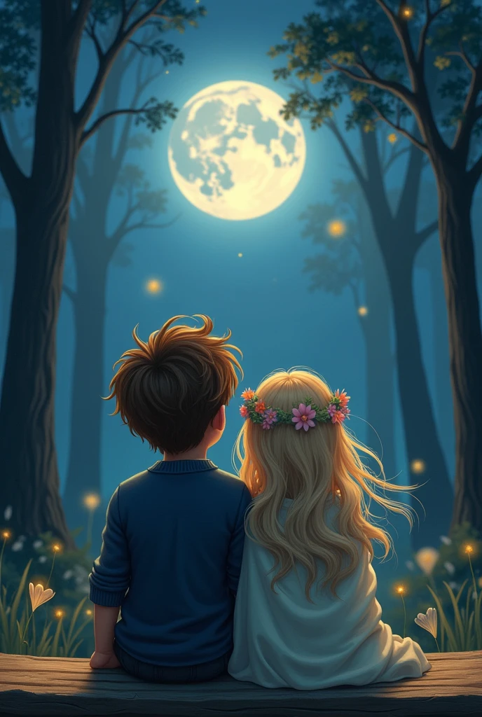 A boy and a girl setting on the bance and looking the moon