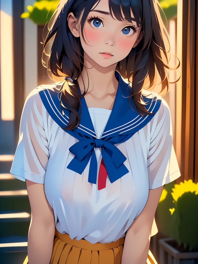 (Highest quality:1.4),(masterpiece:1.4),(Realistic:1.4),(Realistic:1.2),(Super High resolution, RAW Photos:1.4),(High resolution, Very detailed:1.2),(8k:1.2 ),photograph,a photo of a dark-haired,One Girl,alone,tits,nipple,naked,((school uniform, Sailor suit, Navy blue and white traditional Japanese style, Fine ribbon and pleated skirt)),((Big Breasts)),((Upper Body:1.3))
