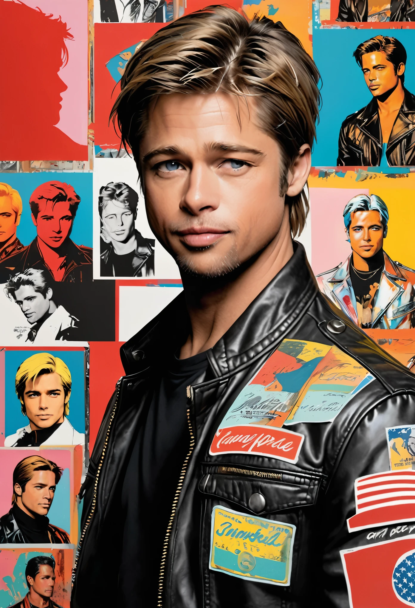 (masterpiece, best quality) Brad Pitt looking at many silkscreen illustrations of handsome guys boys painted by Andy Warhol, leather jacket, Pop Art, detailed fate, collage art,
