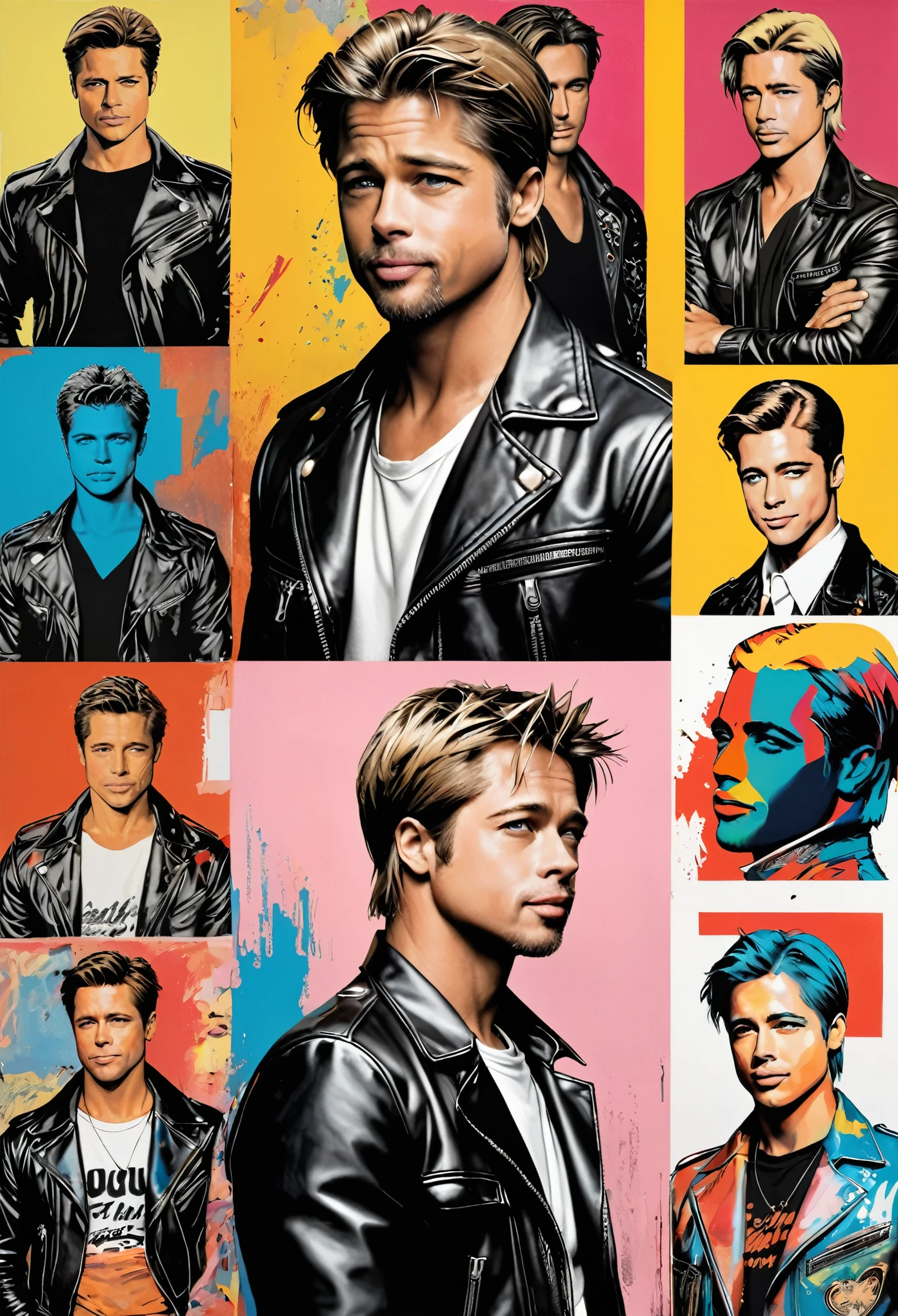 (masterpiece, best quality) Brad Pitt looking at many silkscreen illustrations of handsome guys boys painted by Andy Warhol, leather jacket, Pop Art, detailed fate, collage art,
