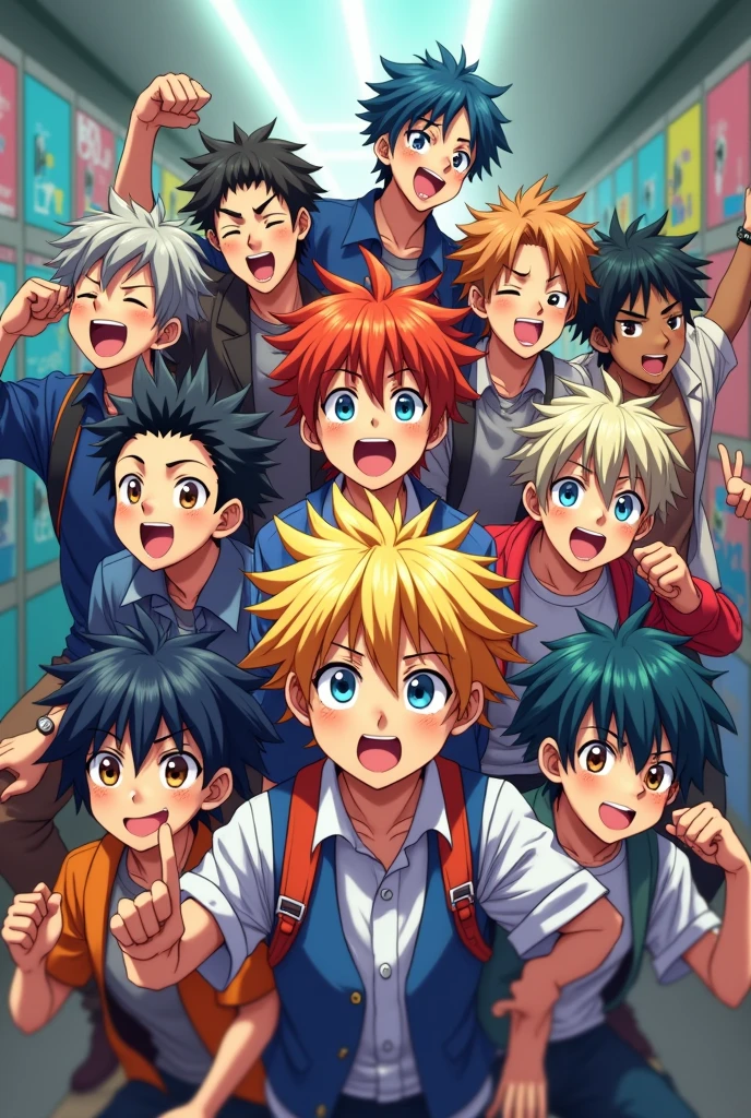 An icon suitable for a group of chaotic people, 9 high school students, all male, anime style