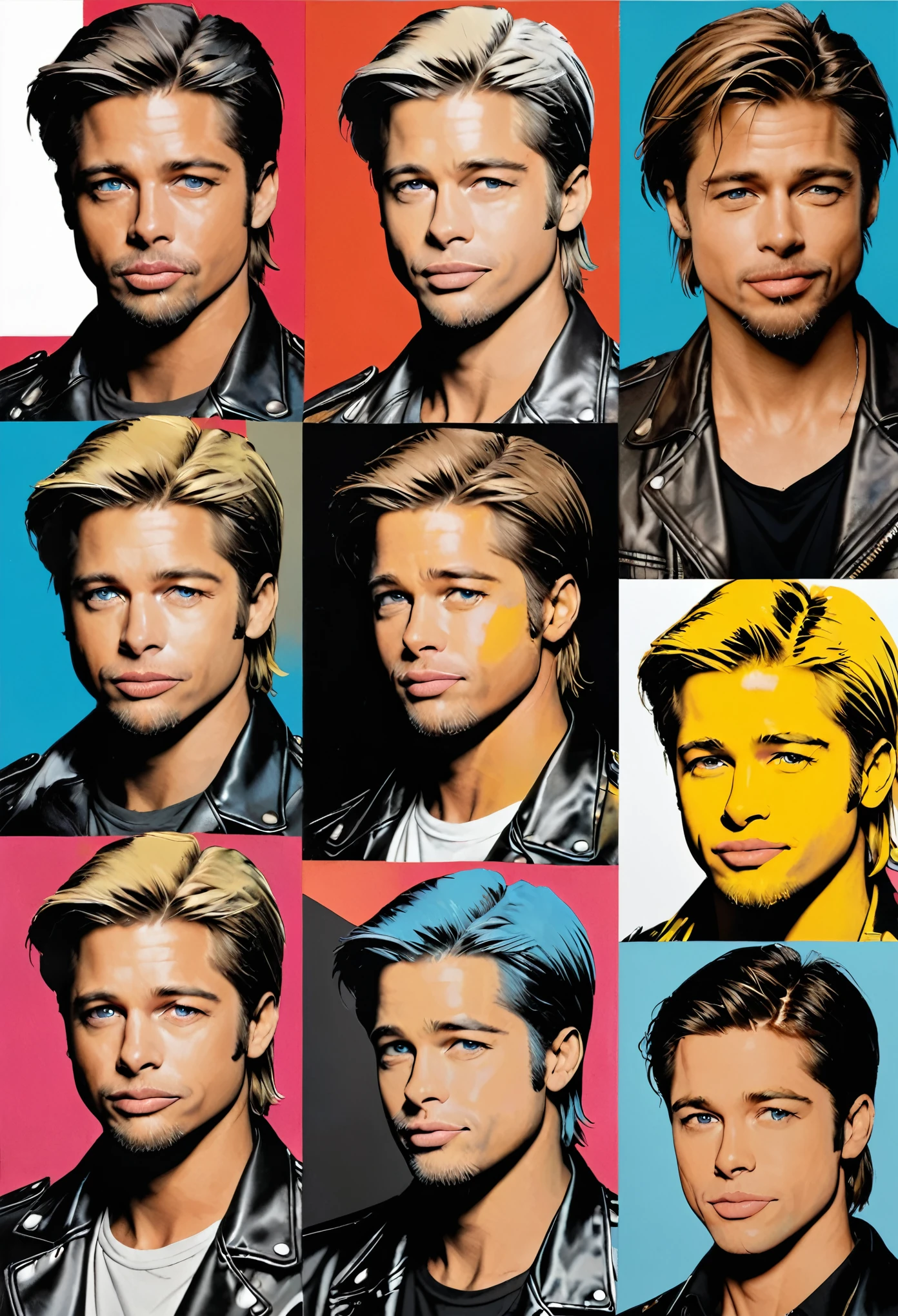 (masterpiece, best quality) Brad Pitt looking at many silkscreen illustrations of handsome guys boys painted by Andy Warhol, leather jacket, Pop Art, detailed fate, collage art,
