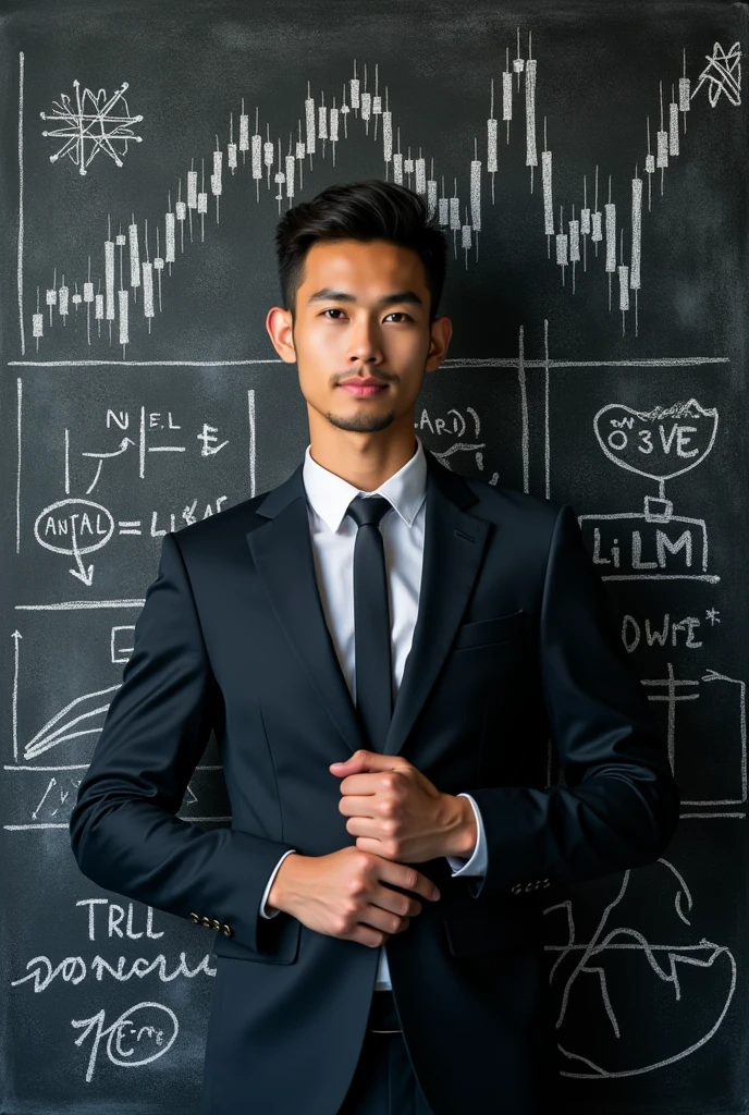 Design a logo featuring a professional trader for forex. The background should be a chalkboard filled with economic formulas and trading charts. In the foreground, include an image of a young person dressed in a suit, representing a professional trader. The overall design should be sophisticated, combining the elements of education and professionalism, with a focus on forex trading