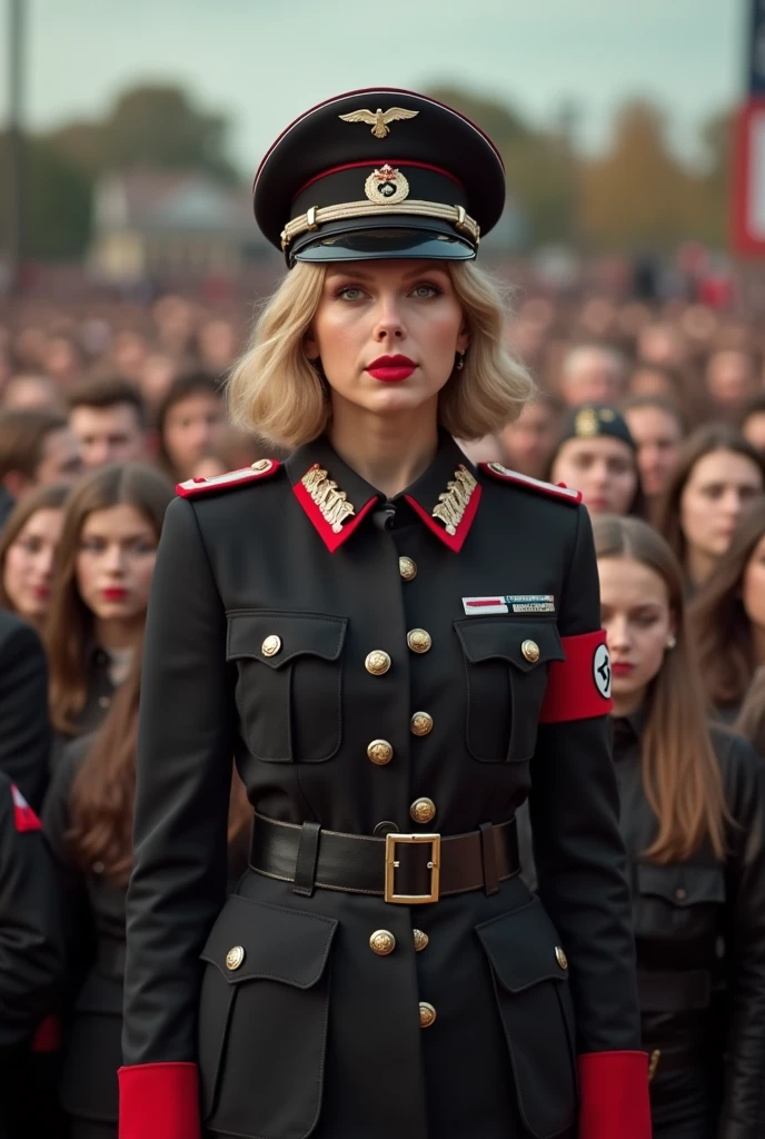 Taylor Swift wearing a Nazi uniform, standing in front of a large group of fans