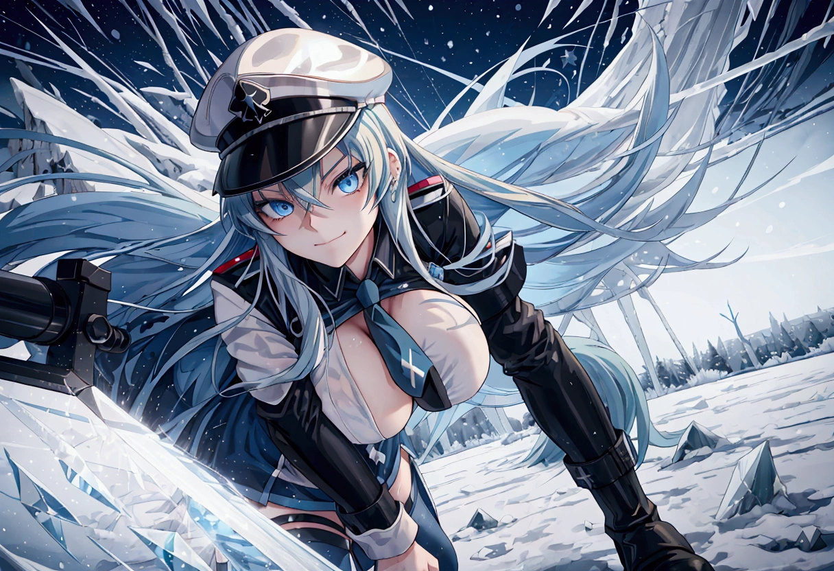 (best quality), (ultra-detailed), ((Esdeath from Akame ga kill)), ((Masterpiece)), ((Top Quality)), ((Cinematic Quality)), ((Sharp Details)), ((Vivid Colors)), ((Realistic Textures)), ((Dynamic Lighting)), ((Perfect face)), Full body kawaii shot, commanding pose with legs crossed, head slightly tilted, and a confident smirk, Frosty Mist, Icy Shards, Dramatic Shadows, Intense Contrast, Snowflakes in Motion, Wind-swept Hair, Crystal Reflections, Chilling Atmosphere, 1girl, long blue hair, piercing blue eyes, ((extremely revealing military uniform with extreme cleavage exposure)), peaked cap, high-heeled boots, ice elements, confident demeanor, snow-themed attire,Esdeath