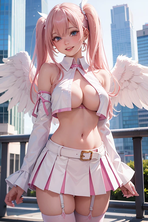((Best Quality)), ((Masterpiece)), (Details), 1 Girl,
1 girl, solo, long hair, mature body, breasts, looking at camera,((full body)), blushing, smiling, (slightly parted lips, sexy thick lips, naked lips, glossy lips, fluffy lips), perfect Hands, blue eyes, skirt, blonde hair, big breasts, shirt, stockings, , (white angel wings on left and right back: 1.2), long sleeves, navel, Hair between the eyes, nude shoulders, twin tails, (white feathers: d), (shot pose ,,Standing in honor), pleated skirt, removable sleeves, abdomen, (with short pink collar) White shirt that covers half of her breasts, ), pink lines, miniskirt, pink belt, wide sleeves, stomach, ((pink edges) and white stockings)), crop top, underboobs, garter straps, white Skirt, (pink heeled shoes), Background: Plaza in front of Tokyo Big Sight, Between the inverted triangular buildings