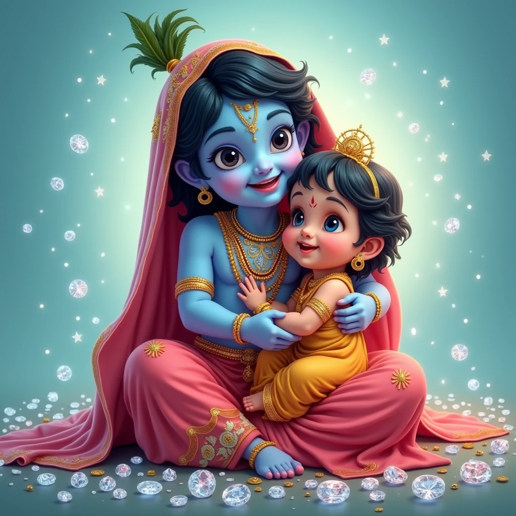 Animated image Baby krishna and Yashoda maiyya (mother of lord Krishna) surrounded by real diamonds on a light turquoise background