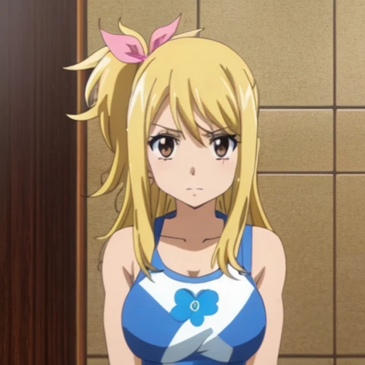 1girl, lucy heartfilia, solo, blonde hair, brown eyes, long hair, looking at viewer, anime coloring, parody, side ponytail, bare shoulders, upper body,  sleeveless, hair ribbon, Swimsuit, bathroom 