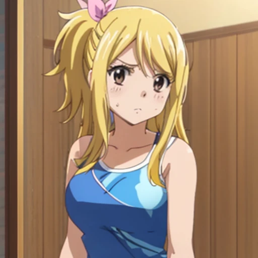 1girl, lucy heartfilia, solo, blonde hair, brown eyes, long hair, looking at viewer, anime coloring, parody, side ponytail, bare shoulders, upper body,  sleeveless, hair ribbon, Swimsuit, bathroom 