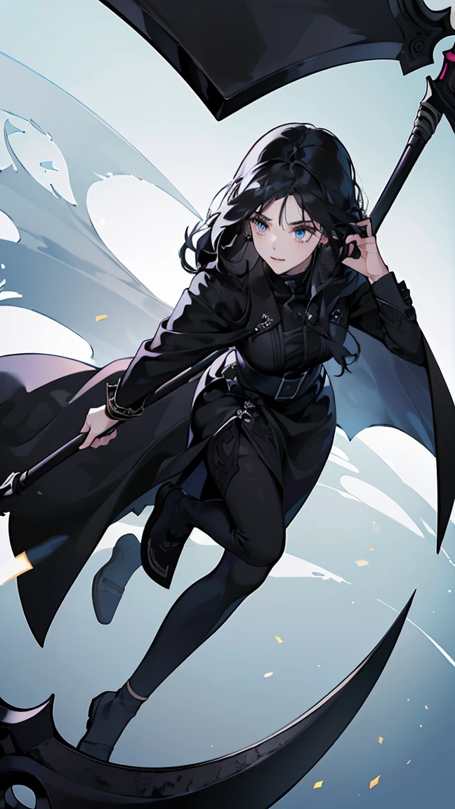 ((best quality)), ((masterpiece)), (detailed), perfect face, ((Best quality, 8k, Masterpiece: 1.3)), Sharp focus, Highly detailed face and skin texture, Detailed eyes, detailed fingers, Goddess, black dress, (holding scythe), Grim Reaper, (Black Cape), Goddess in the mist, Light rises from the feet, Show the whole body