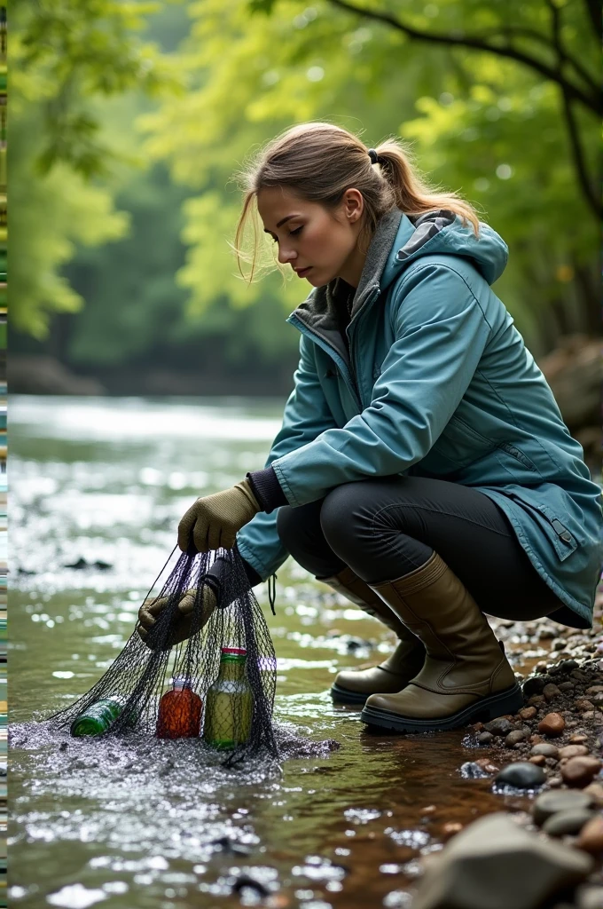 A woman removing garbage from the river