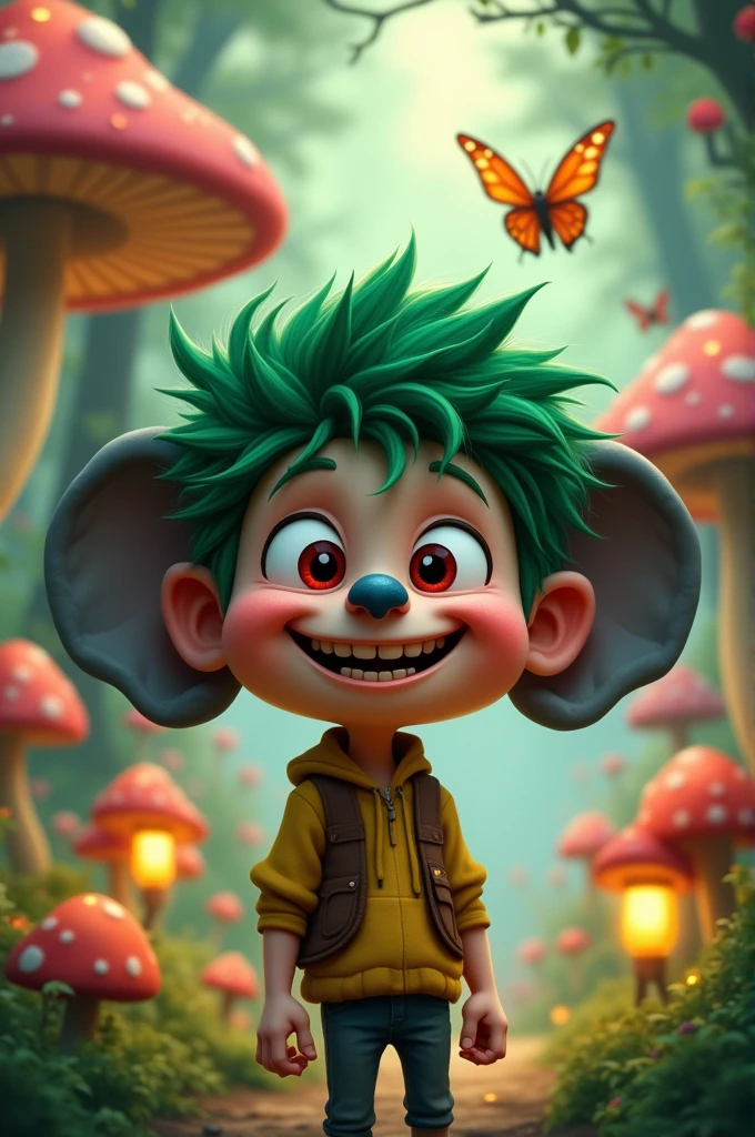 A boy with green shaggy hair, yellow teeth, red eyes, blue nose and dark elephant ears