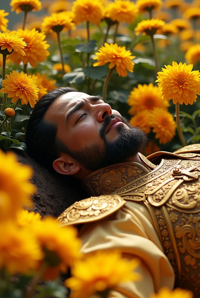 Movie-quality images,8K ultra-clear photo,The imperial city of the Tang Dynasty was filled with chrysanthemums.,A general clad in golden armor lies amidst the flowers,There is blood nearby