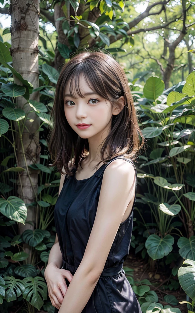 "Create a hyper-realistic digital painting of a young woman resting against a massive, gnarled tree in a lush, prehistoric forest. The woman's features should be detailed and lifelike, with a serene expression. Her hair should blend seamlessly with the tree's roots and the surrounding vegetation, incorporating subtle bioluminescent elements and tiny, almost hidden mechanical devices. The forest should be dense and vibrant, with a mix of recognizable and extinct plant species. Pay careful attention to the play of dappled sunlight through the canopy, creating a warm, ethereal atmosphere. In the background, include silhouettes of prehistoric creatures to establish the ancient setting. The overall color palette should be rich and earthy, with touches of ethereal light to create a sense of magic and wonder."