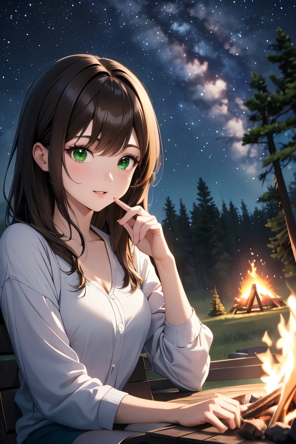 ((masterpiece, Highest quality, High resolution, 超High resolution, Pixel perfect, Written boundary depth, 4K, RTTX 10.0, High resolution))), 1 person, single, alone, Beautiful Anime, Beautiful art style, Anime characters, ((Shortcuts, bangs, Dark brown hair)), ((Green Eyes:1.4, Round eyes, Beautiful eyelashes, current eyes)), ((Smooth texture:0.75, Anime CG style)), ((Dynamic Angle, close)), Perfect body, (cute), Normal chest, whole body, ((4K, 8k, Highest quality, Perfect Fingers: 1.3, Perfect Anatomy: 1.3, Background Blur)), whole bodyアングル, An illustration of people camping, The character is sitting in front of a tent at a campsite, wearing casual outdoor clothing., She is relaxing by the campfire, Marshmallows are being roasted, Holding a warm drink, The background features a lush forest and a tranquil lake, The night sky is full of stars, Overall, spending a relaxing time in nature, A scene with a comfortable atmosphere