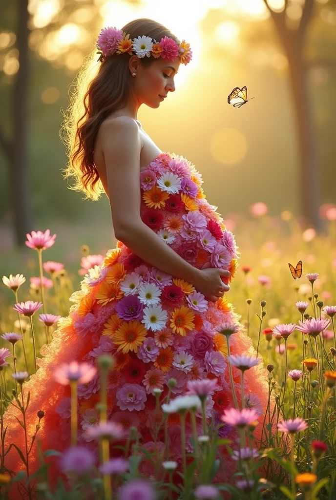 A pregnant woman warning gown made with all kinds of flowers