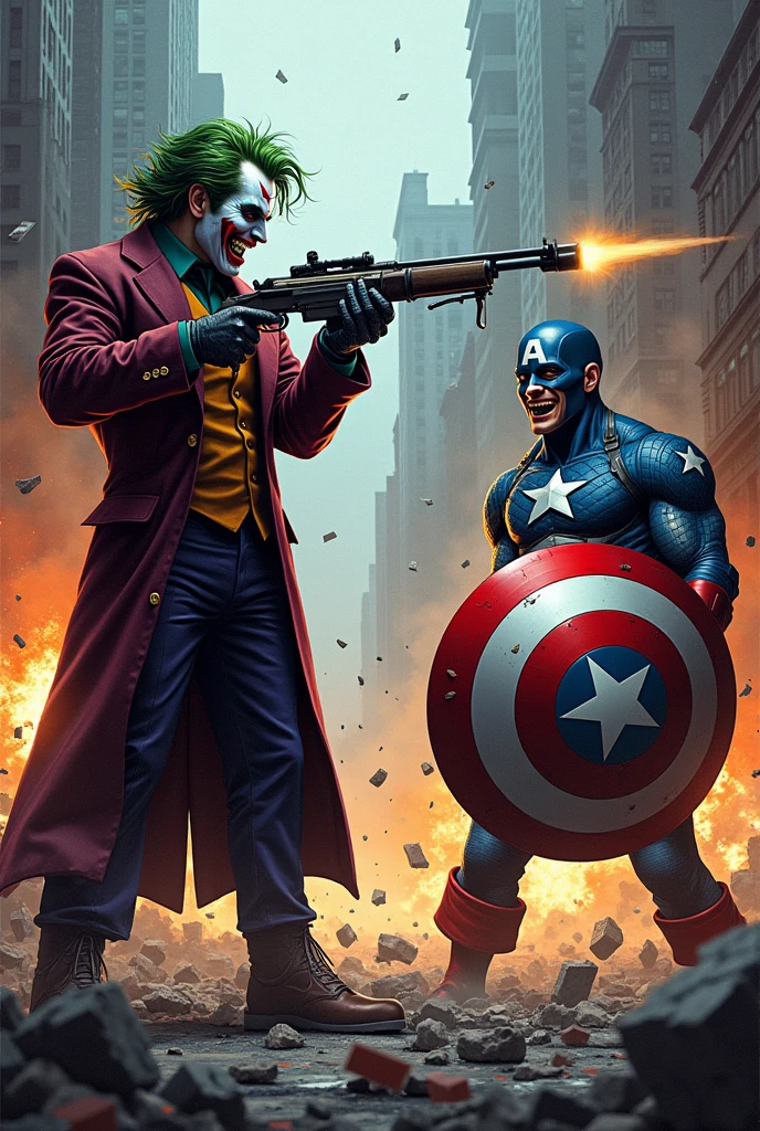 I created the Joker by shooting Captain America.
The Joker needs to be with a rifle shooting at Captain America, and the Joker needs to be laughing.