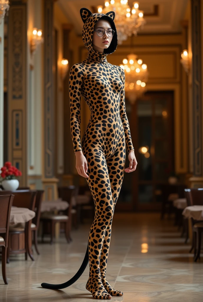 A most handsome and thin chinese contortion boy wearing a black glasses wears clouded leopard Lycra turtleneck unitard catsuit covered with large seamless spots.He has a long clouded leopard tail.He always wear clouded leopard Lycra dancewear hijab-like hood.He has beautiful cheeks on her face.He is take part for contortion performance.He performs contortion at hotel.He is my famous contortionist.