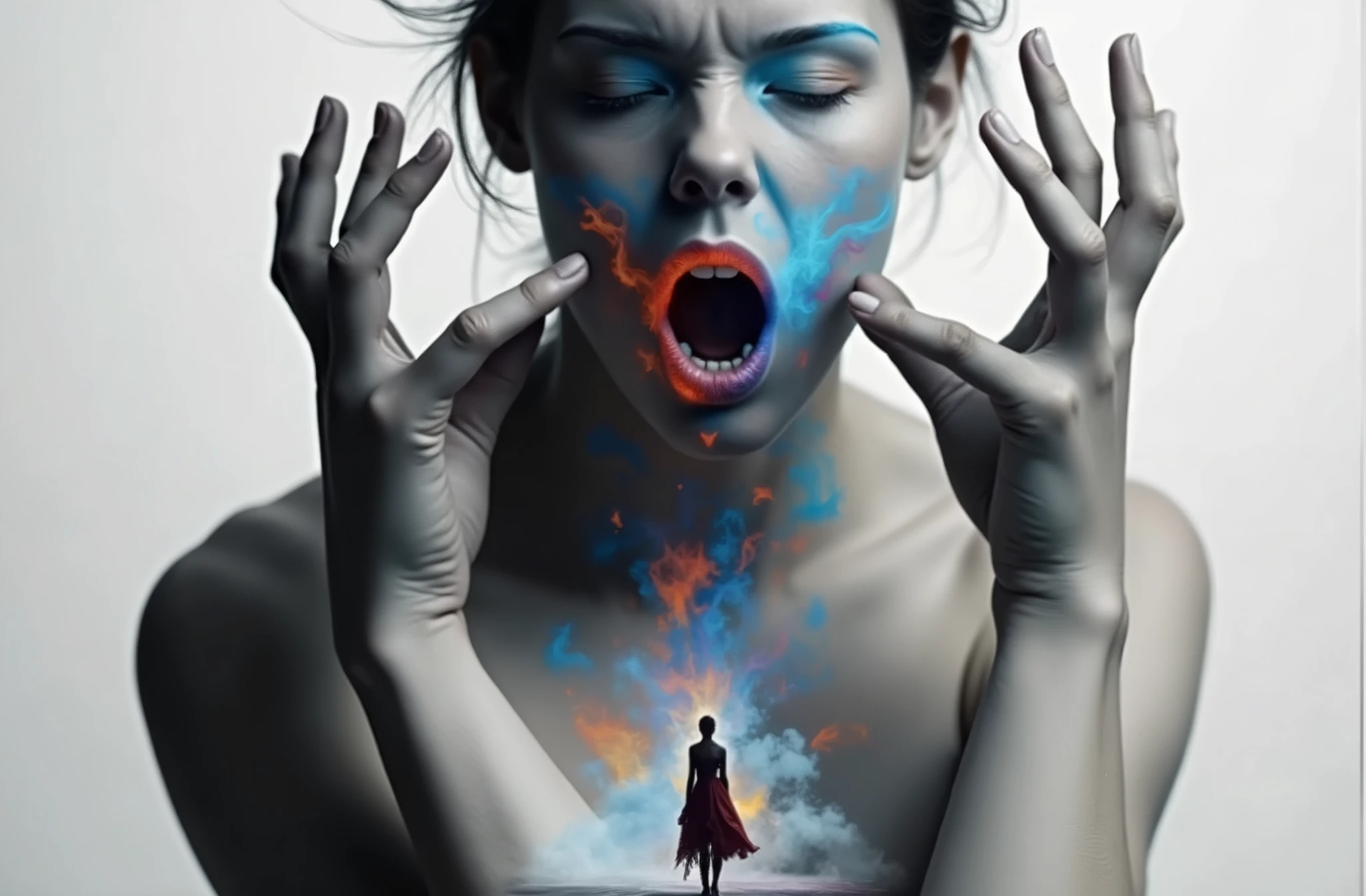 I'm screaming. colored voice throught the air. smoke, fog and mist