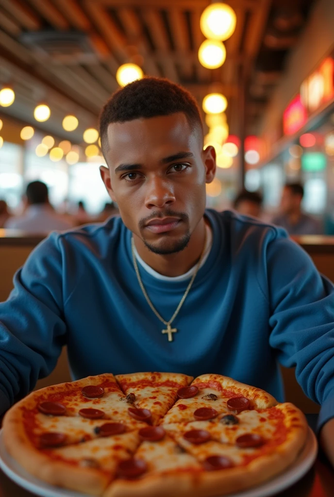 best qualityer:1.4), (ultra high resolution:1.2), (photorrealistic:1.4), (8k, CRU photo:1.2), a thin young man of 20 years old, light brown skin, with a smooth, beardless face, short American haircut on the sides and top, He's wearing a blue sweatshirt, with a thin silver chain with a cross symbol, He's sitting at a restaurant table, distractedly cutting a pizza