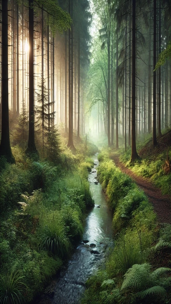 A serene forest scene at dusk, with trees gently swaying as if stirred by a light breeze. The leaves rustle softly, creating a sense of movement and whispering sounds. Sunlight filters through the dense foliage, casting a warm, golden glow. The forest floor is covered with a mixture of fallen leaves and soft moss, and small plants sway in harmony with the trees. The atmosphere is calm yet alive with the subtle energy of the forest, evoking the feeling of 'mori no zawameki' or the forest's murmur