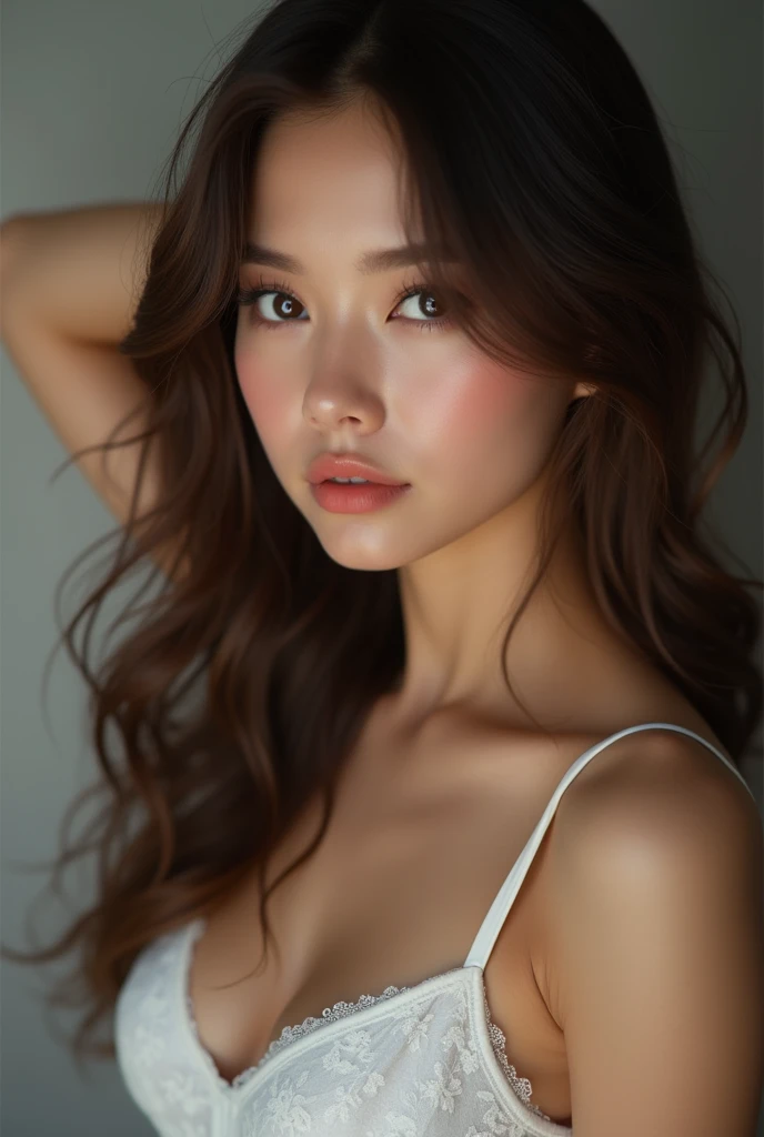 (High resolution、uhd、realism、Super complex detailed photorealistic photos)、extremely absurd ultra-high-quality details、((((Full Body Shot:1.45))、(((Completely detailed real eyes、skin、hair)))、1girl、beautiful detailed facial features、Beautiful detailed eyes、Beautiful detailed lips、Highly detailed face、Long eyelashes、White underwear、Elegant pose、Dramatic lighting、Vibrant color palette、Movie atmosphere、Age 25