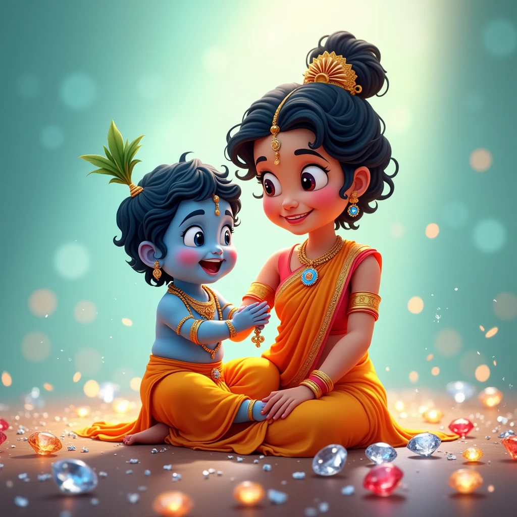Animated image Baby lord  krishna and Yashoda maiyya (mother of lord Krishna) surrounded by real diamonds on a light turquoise background 