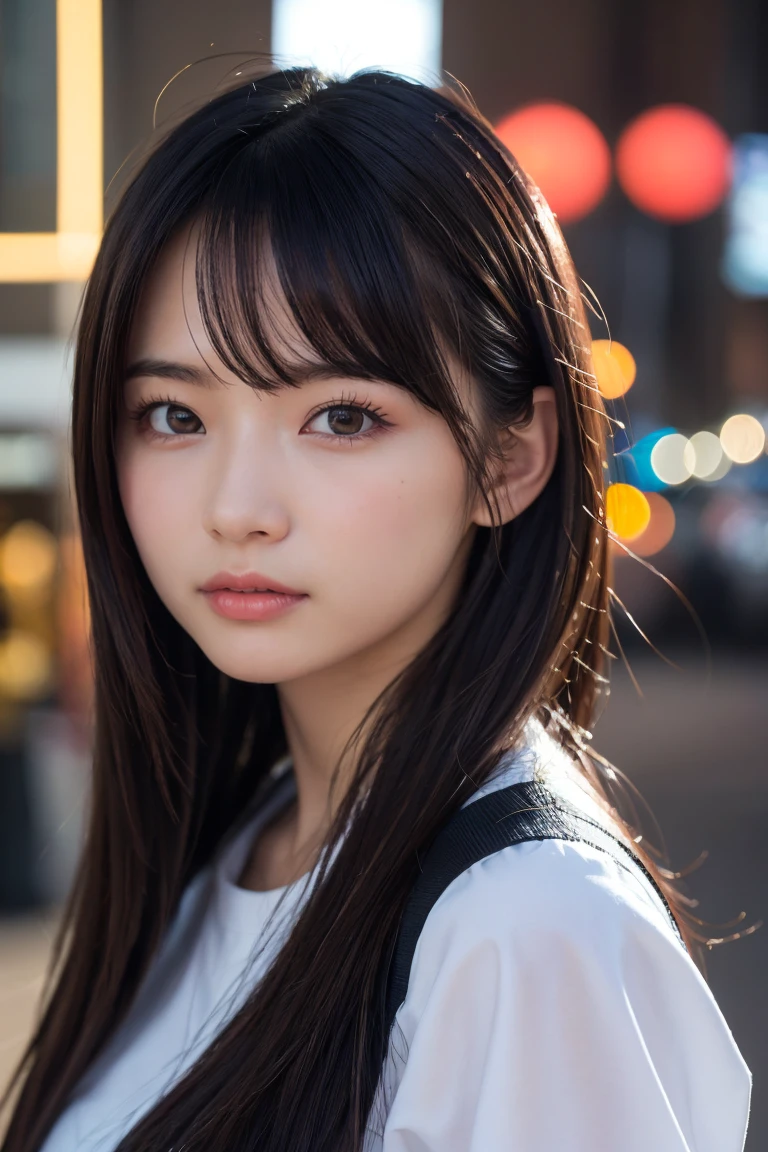 masterpiece、1 beautiful girl、Detailed eyes、Puffy eyes、Highest quality, 超High resolution, (Reality: 1.4), Cinema Lighting、Japanese、Asian Beauty、Korean、Super Beauty、Beautiful Skin、Slender、Body facing forward、(Surreal)、(High resolution)、(8k)、(Very detailed)、(Beautiful and detailed eyes)、(Ultra-detailed)、 (wallpaper)、Detailed face、Bright lighting、Professional Lighting、View your viewers、Look straight ahead、The outfit is a clean light orange shirt and dress.....、46 point diagonal bangs、Night Scenery、Brown Hair、Nogizaka Idol、Korean Idol、Gravure idol pose、、Age 25、expensive,