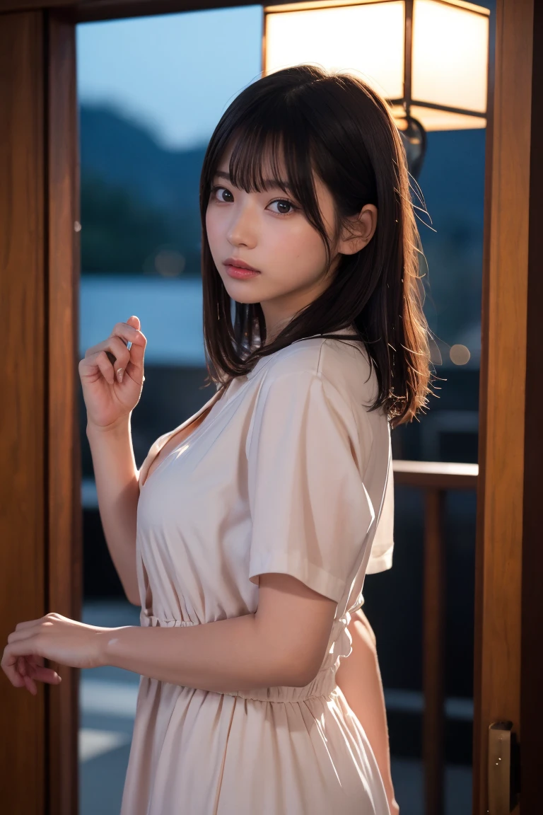 masterpiece、1 beautiful girl、Detailed eyes、Puffy eyes、Highest quality, 超High resolution, (Reality: 1.4), Cinema Lighting、Japanese、Asian Beauty、Korean、Super Beauty、Beautiful Skin、Slender、Body facing forward、(Surreal)、(High resolution)、(8k)、(Very detailed)、(Beautiful and detailed eyes)、(Ultra-detailed)、 (wallpaper)、Detailed face、Bright lighting、Professional Lighting、View your viewers、Look straight ahead、The outfit is a clean light orange shirt and dress.....、46 point diagonal bangs、Night Scenery、Brown Hair、Nogizaka Idol、Korean Idol、Gravure idol pose、、Age 25、expensive,