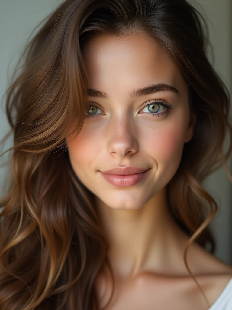 A highly realistic portrait of a young woman with long, wavy brown hair, striking light-colored eyes (either blue or green), and smooth, clear skin. Her face is softly lit, showing delicate features with a natural expression. She has a subtle smile, and is wearing minimal, natural makeup. The background is slightly blurred to focus on the details of her face, emphasizing the texture of her skin and the shine of her hair.